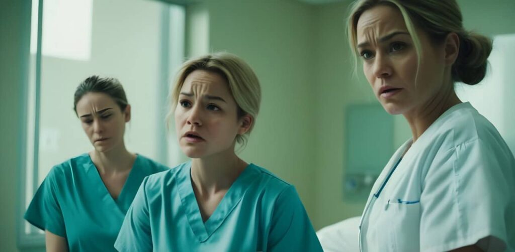 Frustrated beautiful nurses in a hospital room