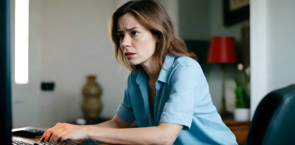 Upset woman experiencing BigCommerce pain points on her computer