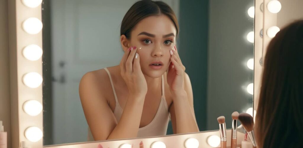 Frustrated Beauty Influencer at makeup mirror