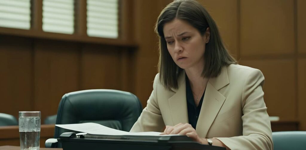 Frustrated court reporter sitting in court with a stenograph machine