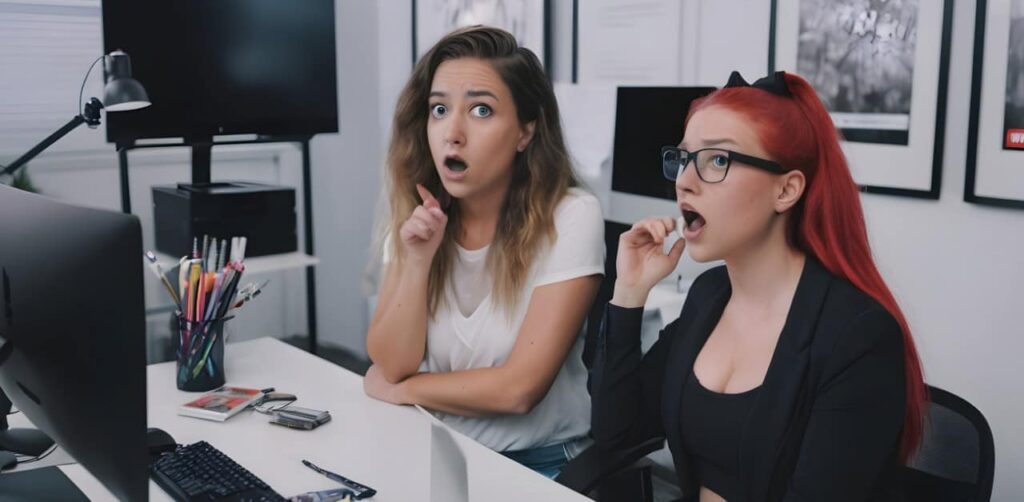 Frustrated female YouTube creators working on computers in an office