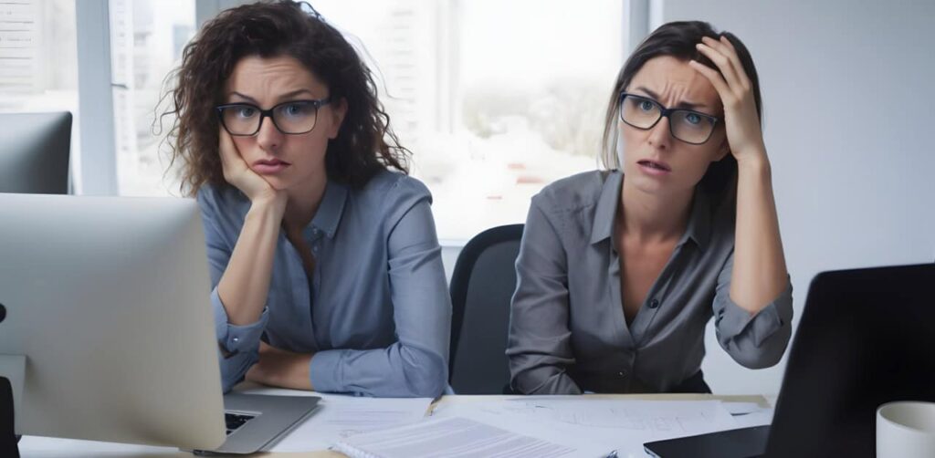 Frustrated female copywriters working on computers in an office setting