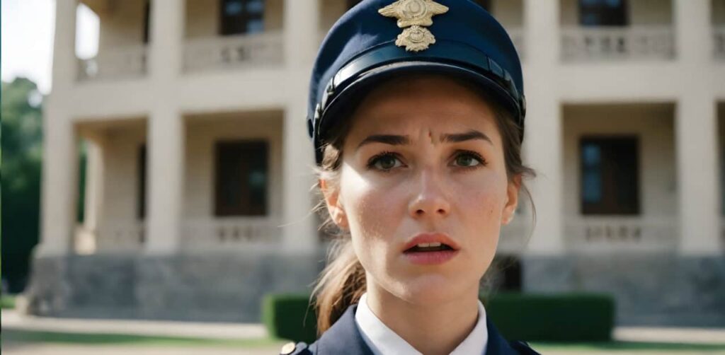 Frustrated female tour guide in uniform