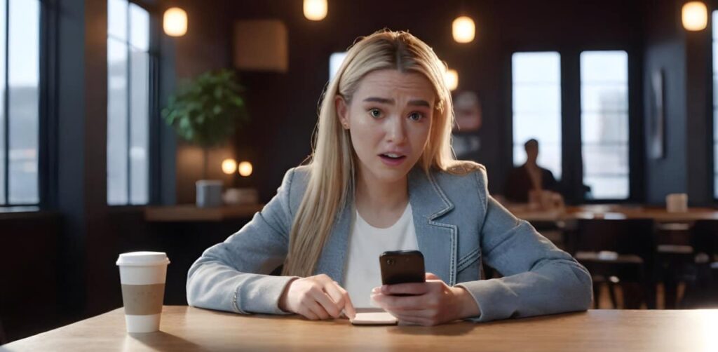 Frustrated social media influencer female at table in coffee shop holding a phone