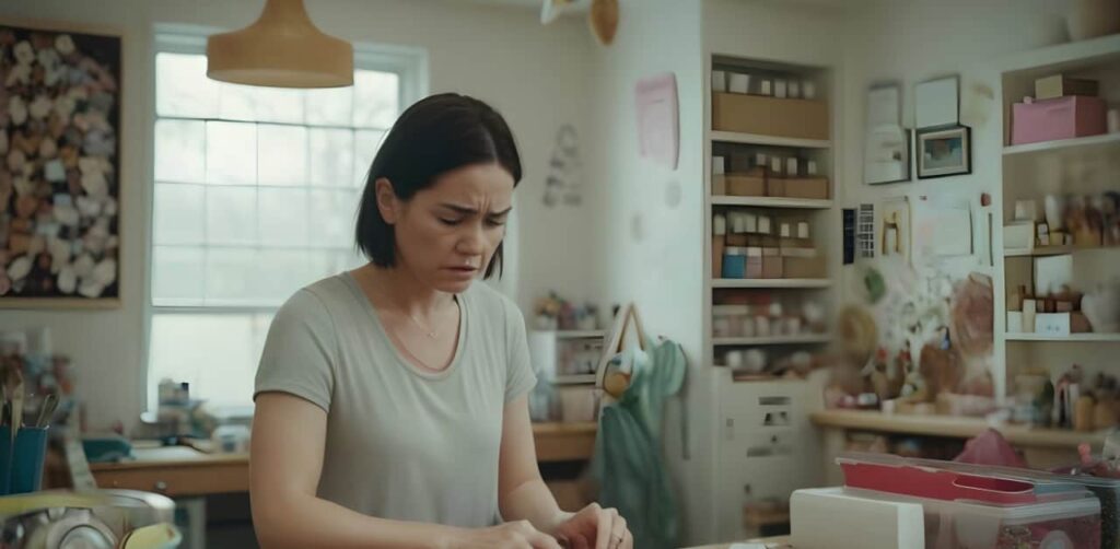 Frustrated woman in sewing room struggling with Shopify