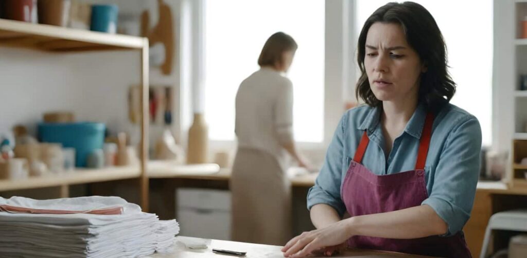 Frustrated woman wearing apron in craft room